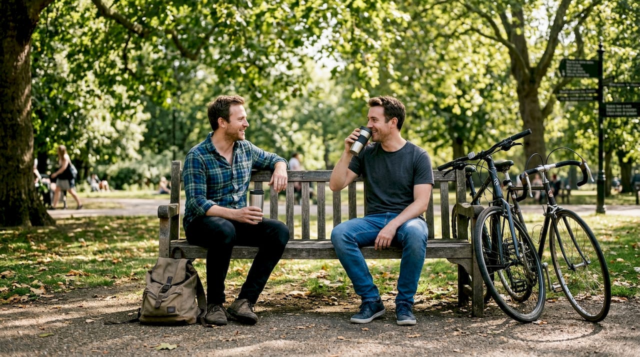 Men discussing body image on park bench