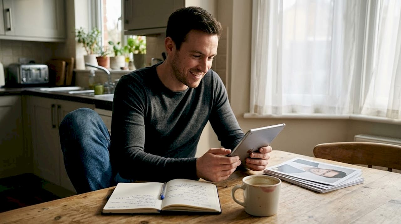 Man reviews modelling portfolio at kitchen table
