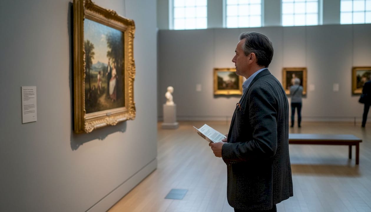 Visitor viewing framed art in museum gallery