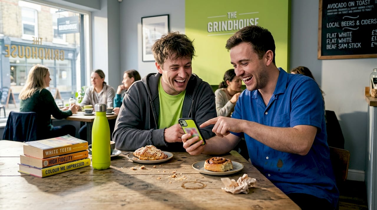Friends sharing moment with smartphone in café