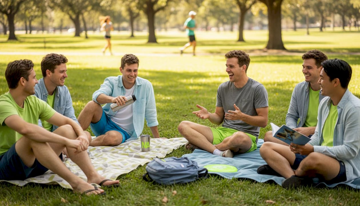 Men relaxing together in city park