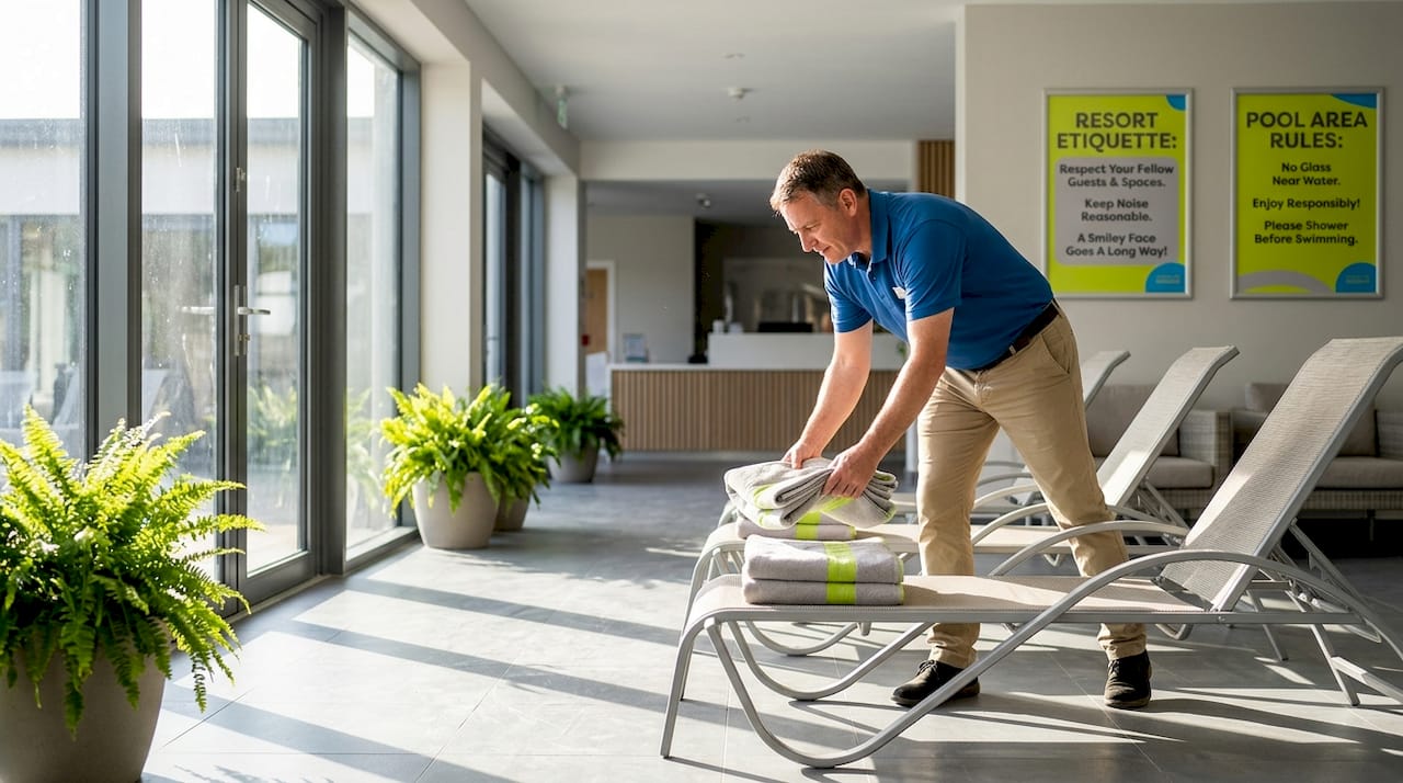 Staff arranging towels in resort lounge area