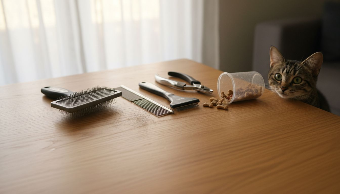 Pet grooming tools on oak table with a cat
