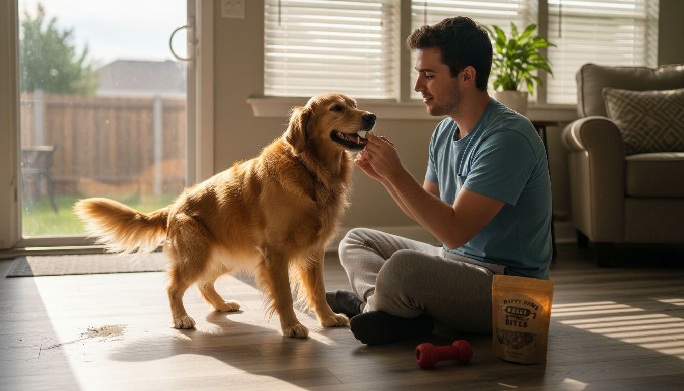 Man introduces dog to finger toothbrush