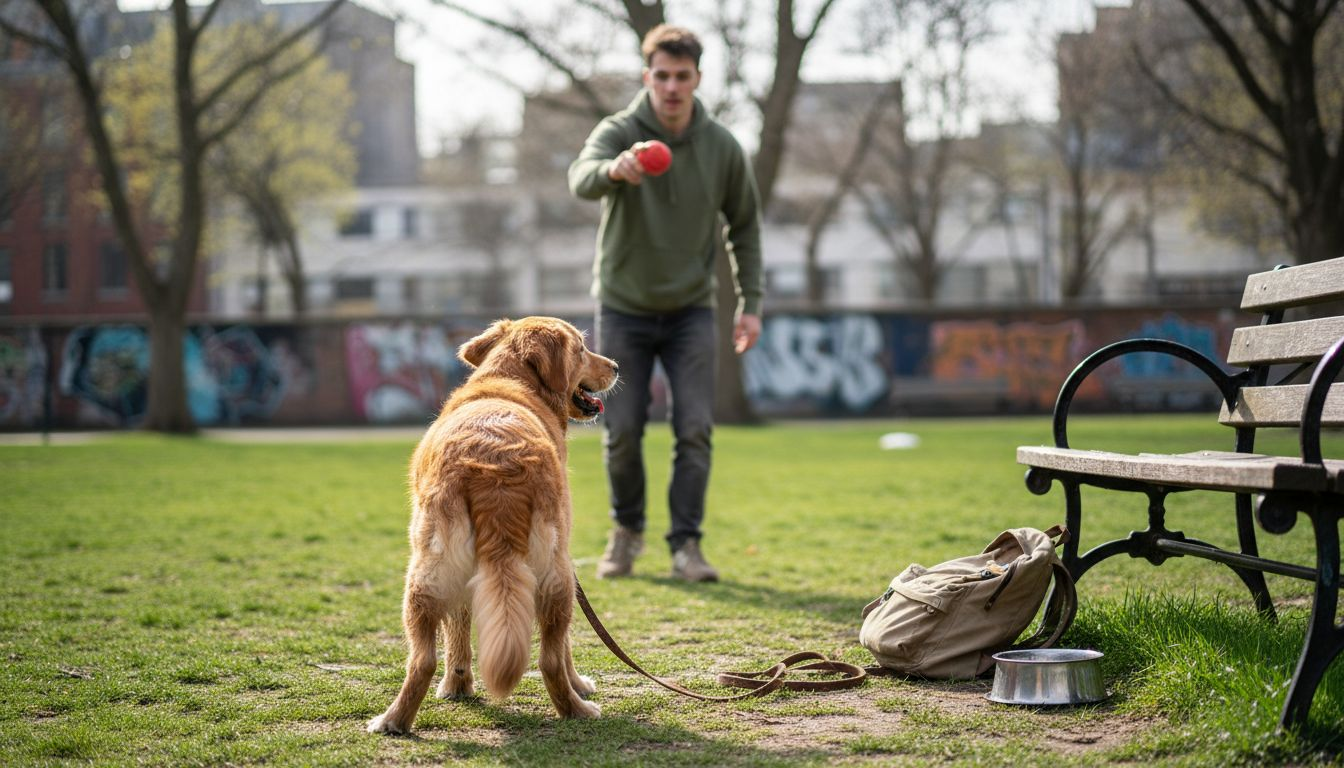 Dog eagerly prepares to fetch toy in park