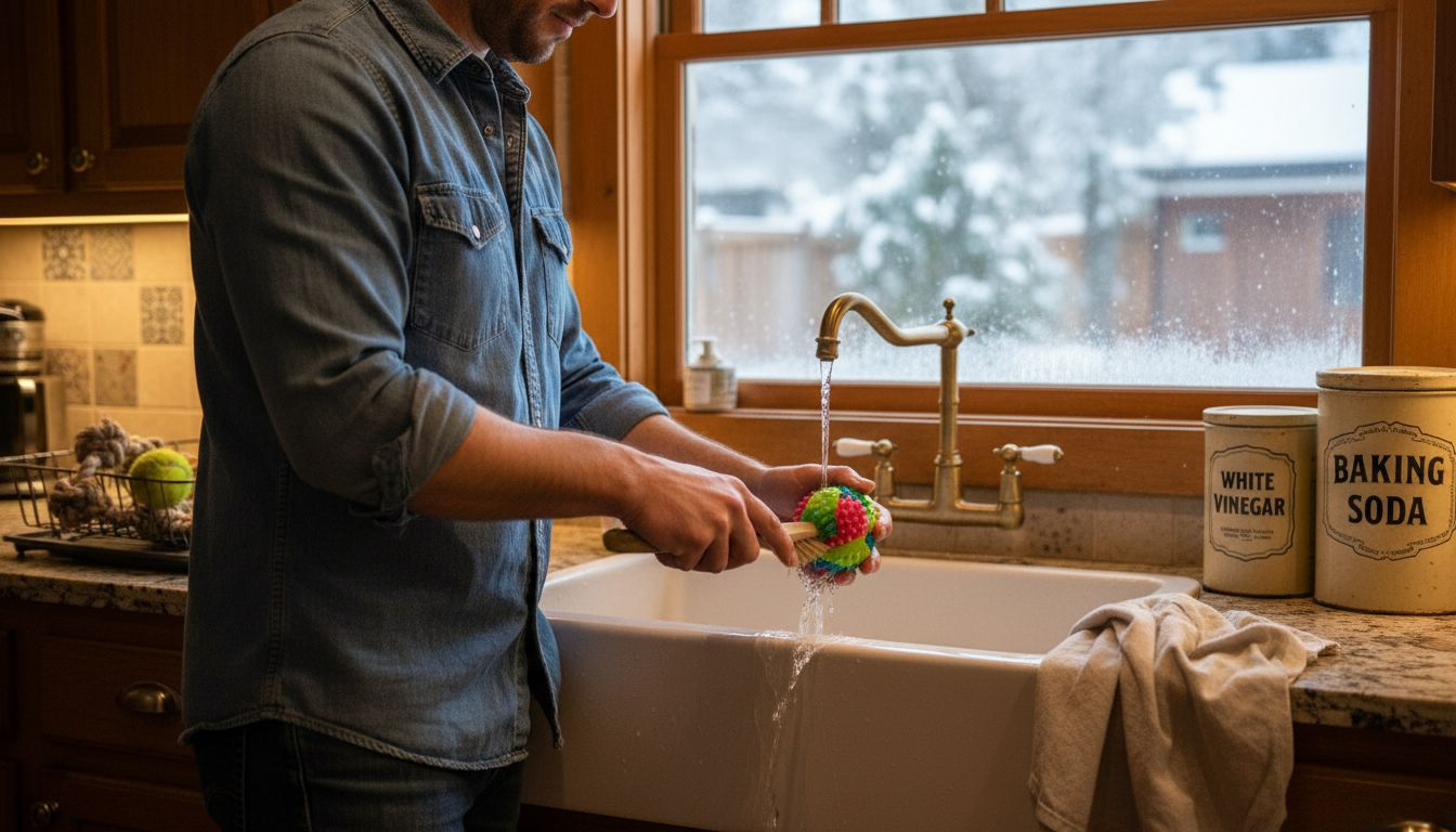 Cleaning rubber dog toy at farmhouse sink