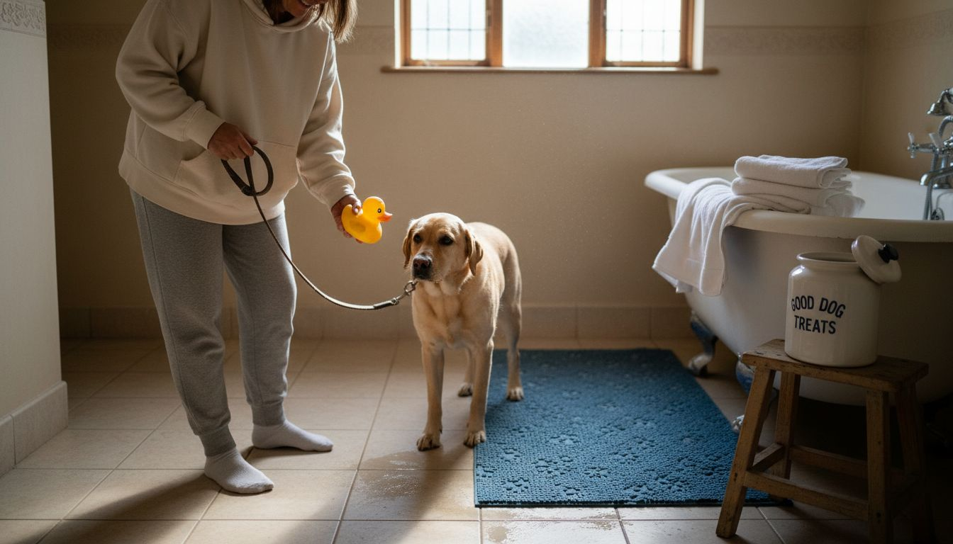Setting up safe bathing area for dog