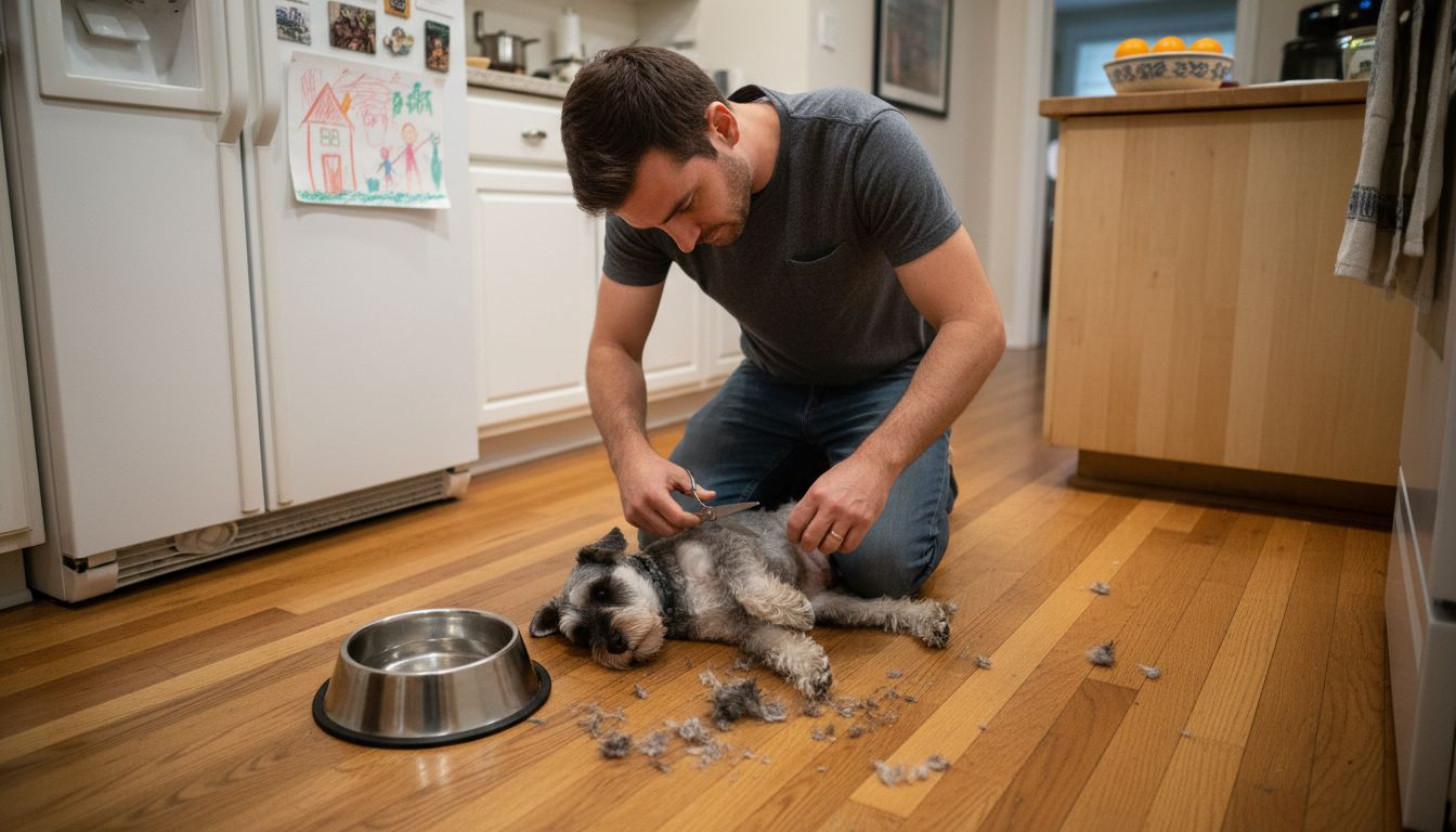Man trims dog’s leg fur at home kitchen
