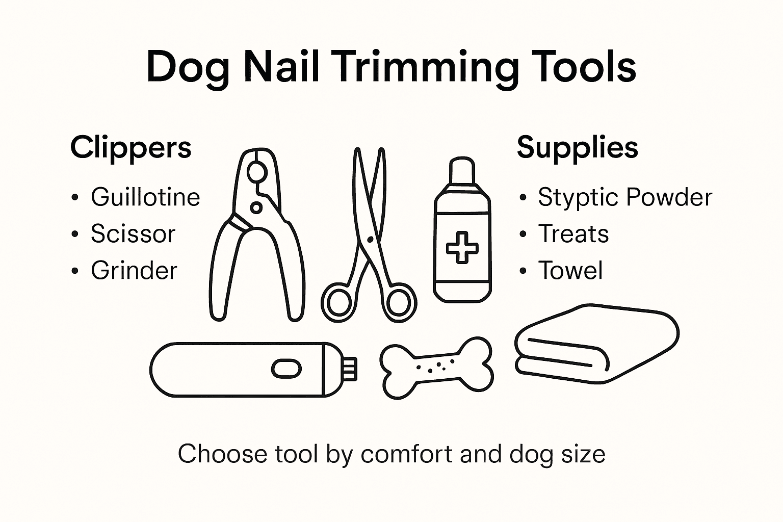 Infographic on dog nail trimming tools and supplies