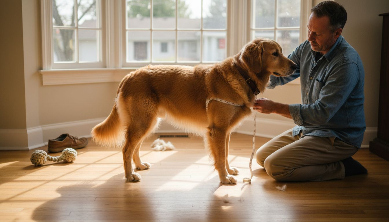 Man measuring standing dog’s chest for jacket