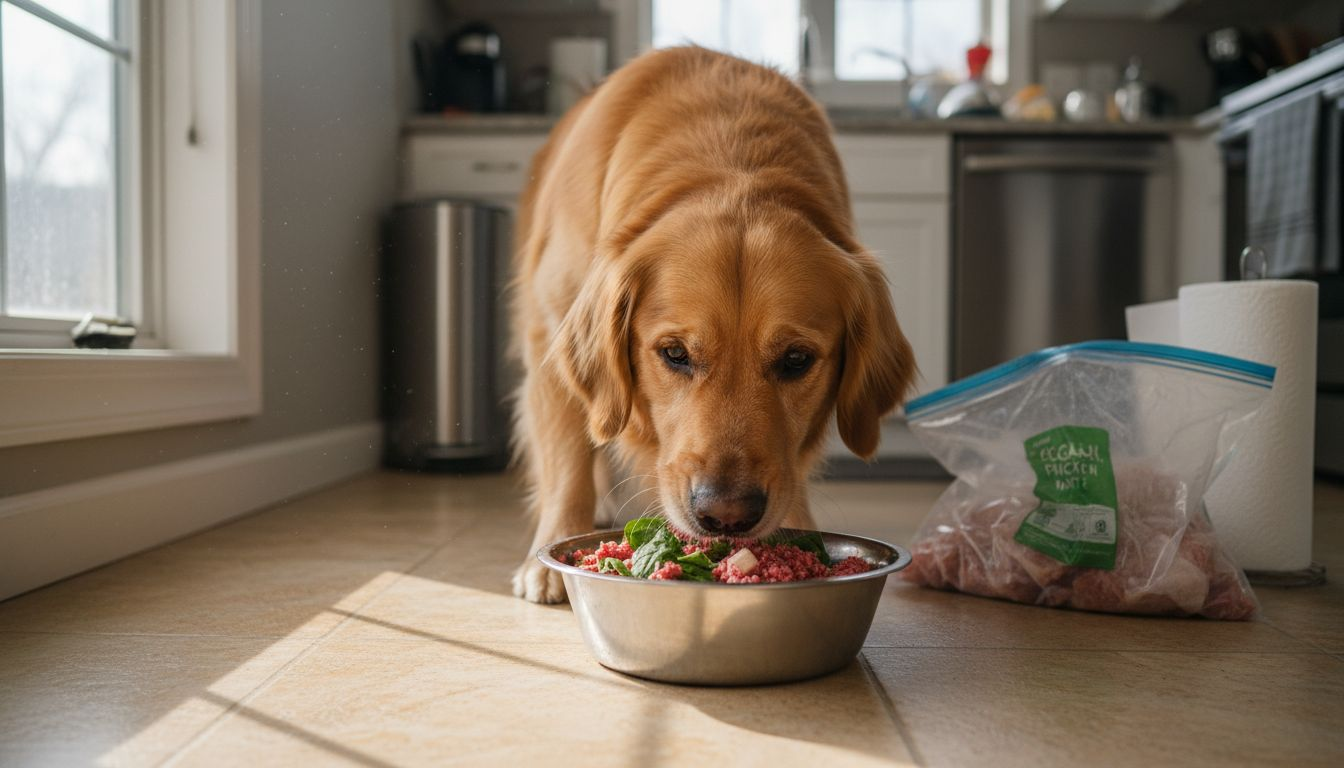 Dog eating raw food from bowl on floor