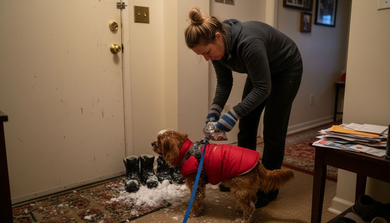 Dog in red coat at apartment entryway