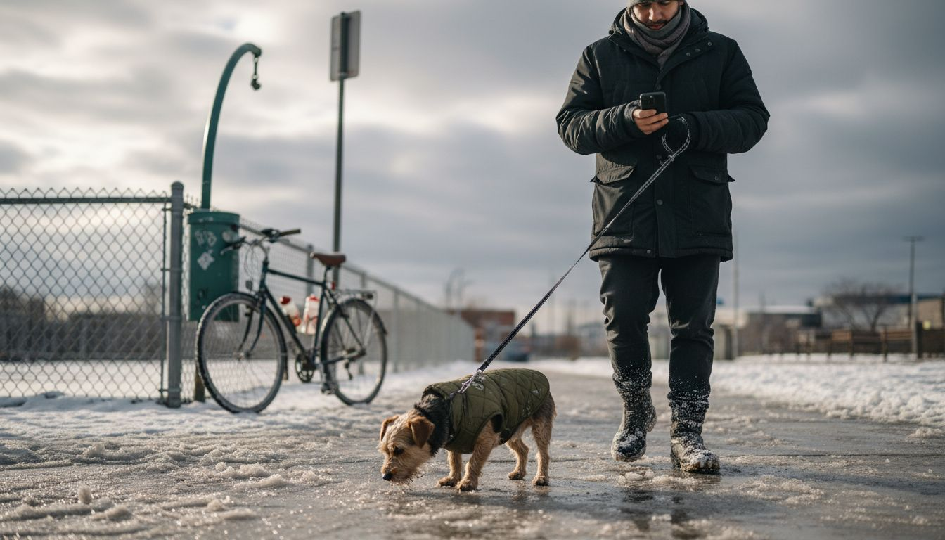 Dog exploring chilly urban outdoors
