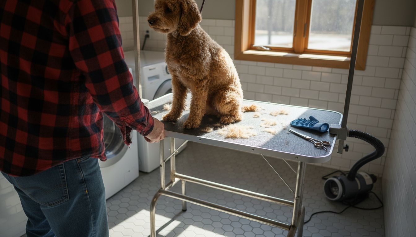 Dog on grooming table with equipment