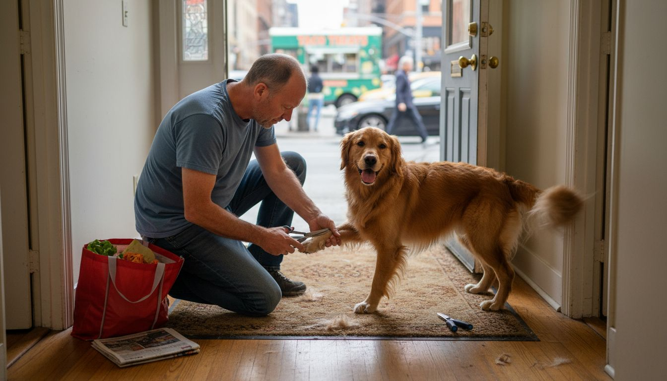 Man caring for dog grooming in city hallway