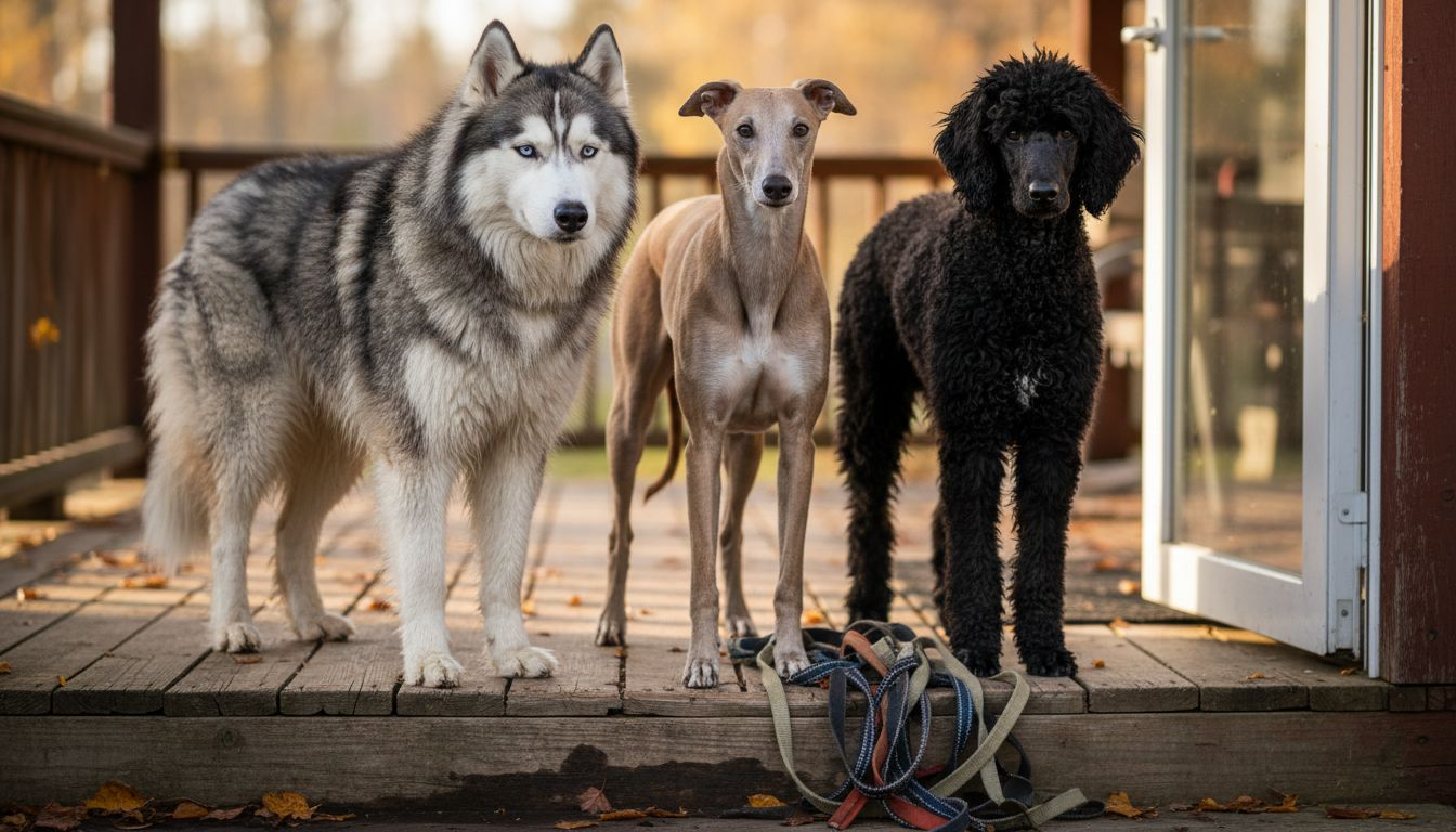 Three dogs showing different coat types