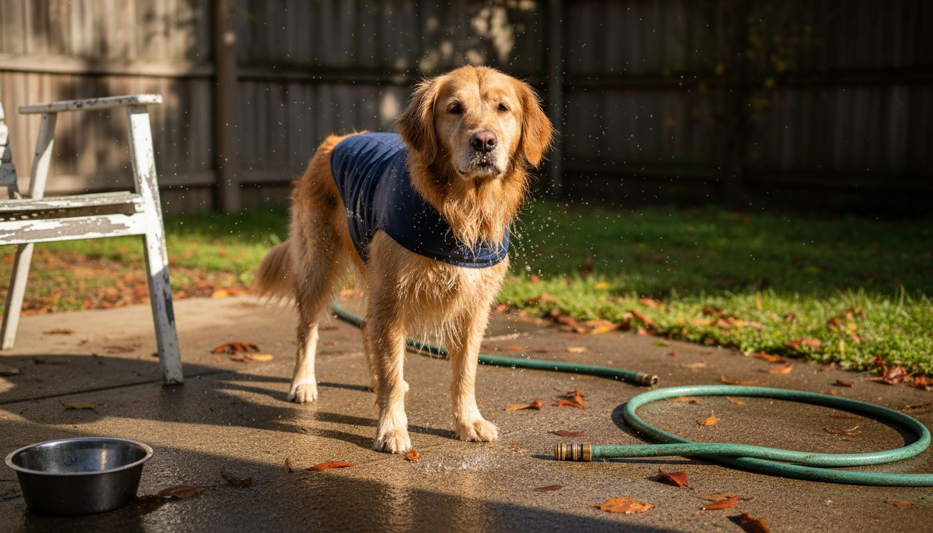 Dog evaporative vest dripping water patio