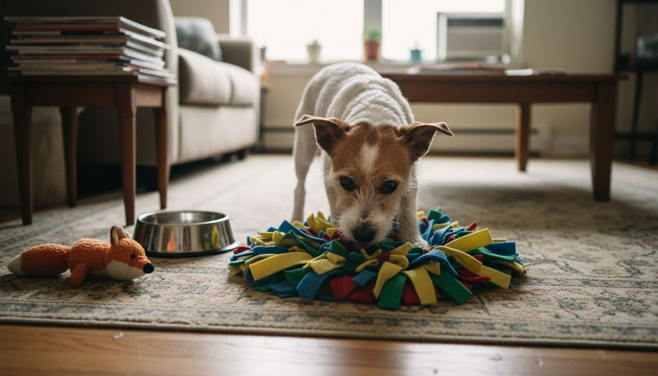 Terrier searching snuffle mat in apartment