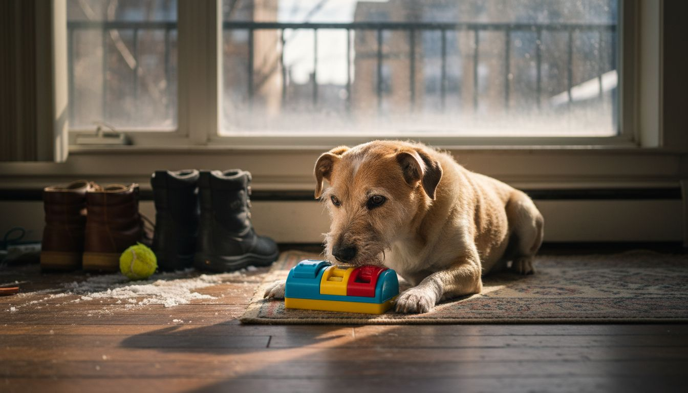 Dog solving puzzle toy on wooden floor