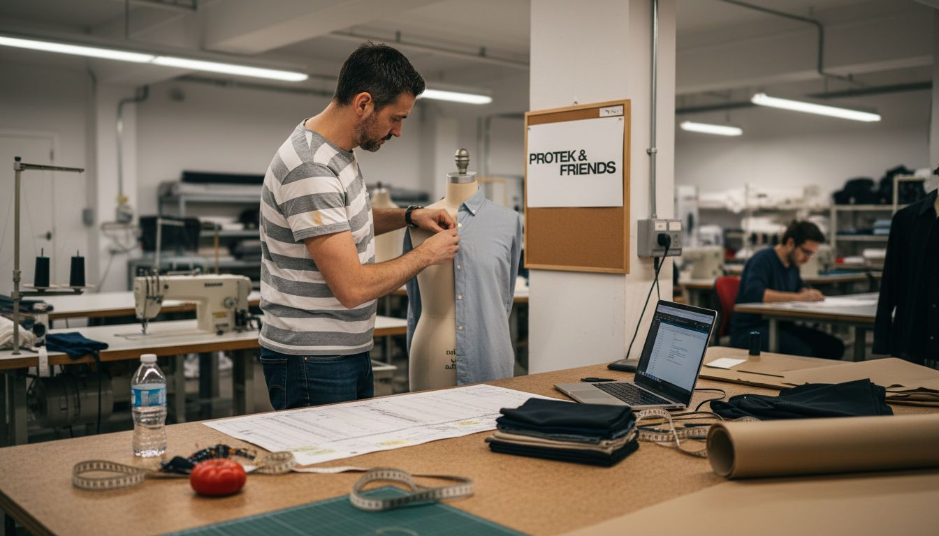 Designer fitting garment on dress form