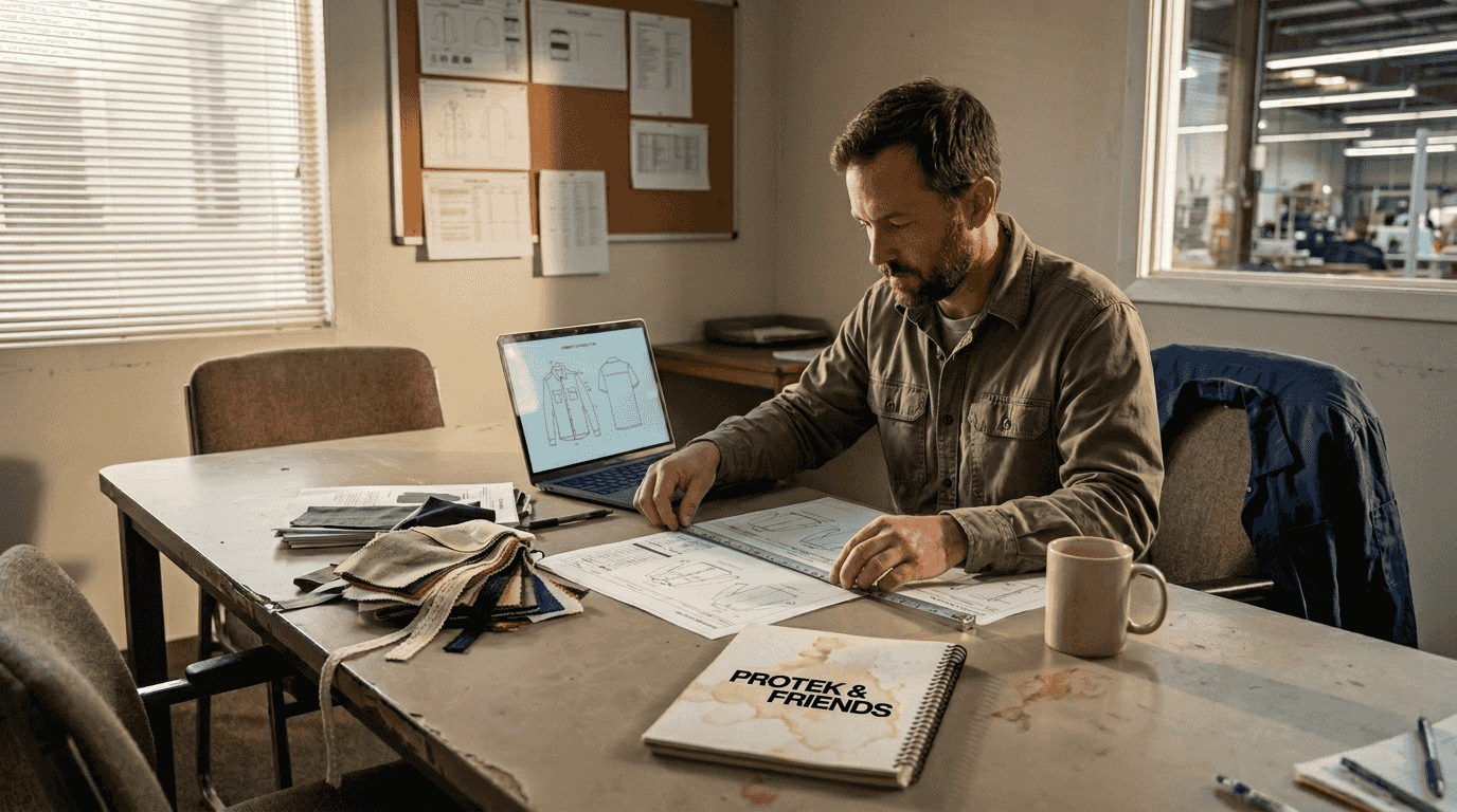 Manager preparing fashion tech packs with materials