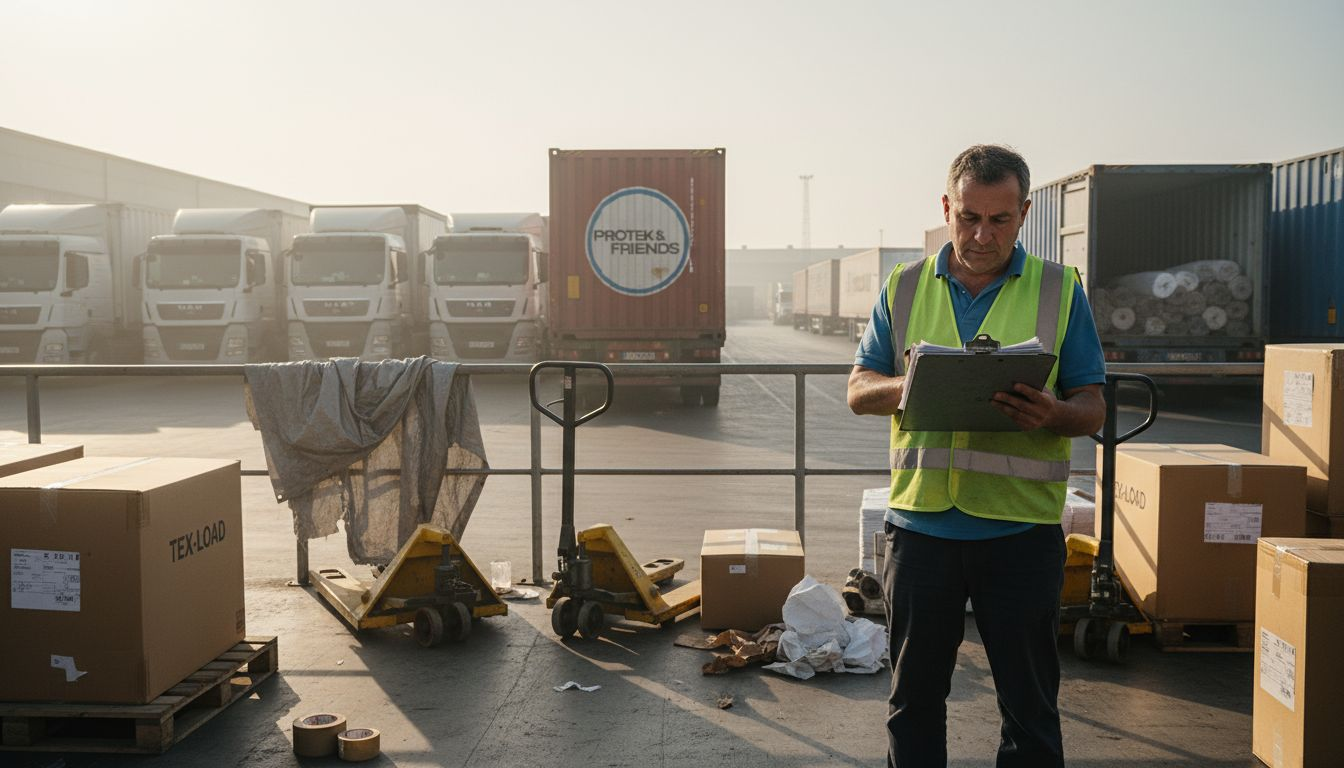 Logistics manager inspects busy factory dock area