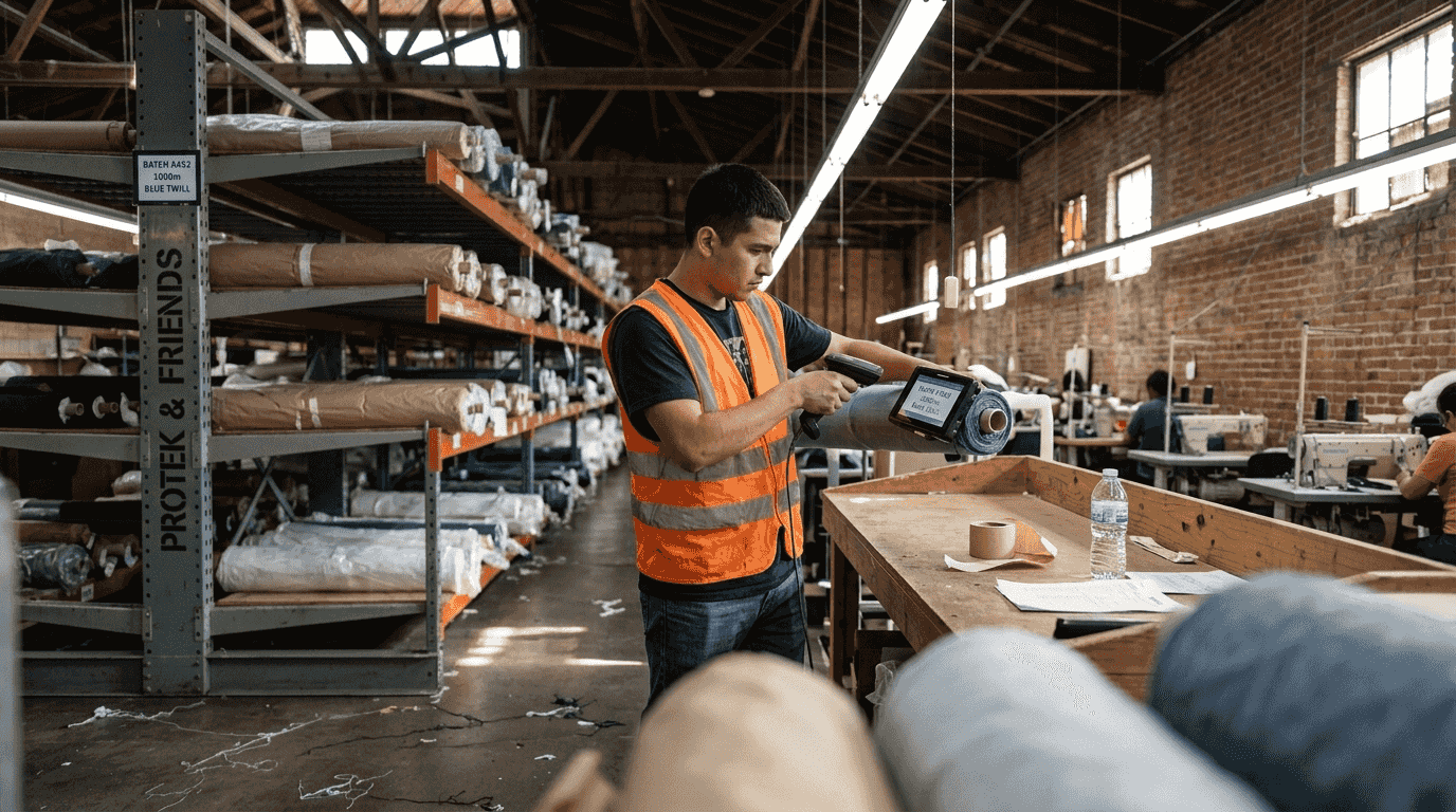 Textile worker scans fabric for traceability