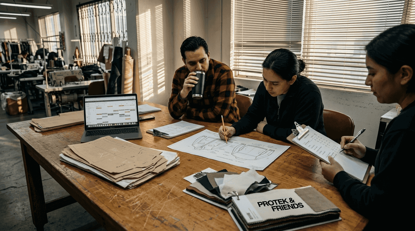 Team reviewing samples in LA factory office
