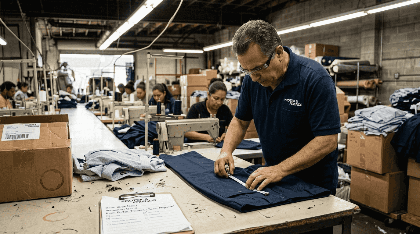 Inspector checking garment seams on production line