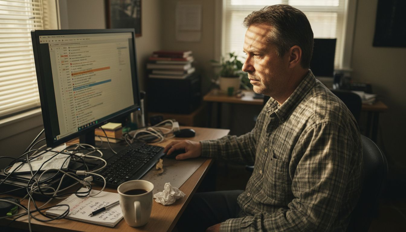 Man reviews cluttered shopping email inbox