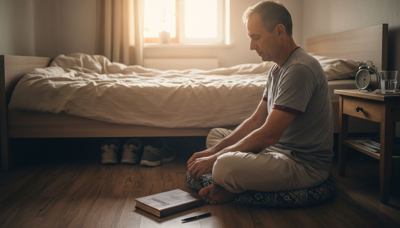 Un bărbat se pregătește pentru rutina zilnică de meditație, creându-și un moment de liniște și concentrare.