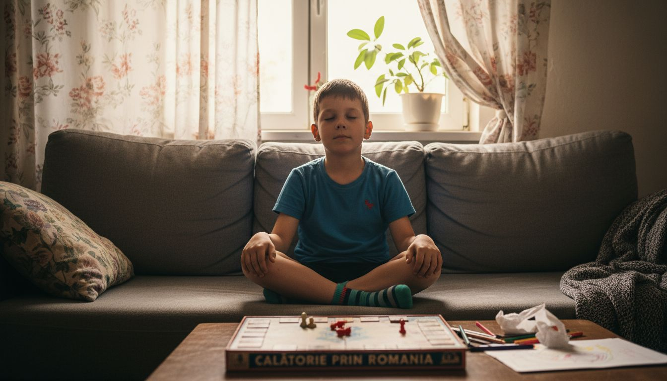 Copil care practică meditația acasă pentru a-și regăsi echilibrul emoțional