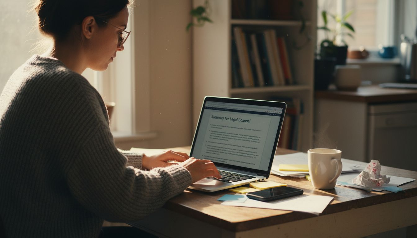 Writing legal situation summary at kitchen table