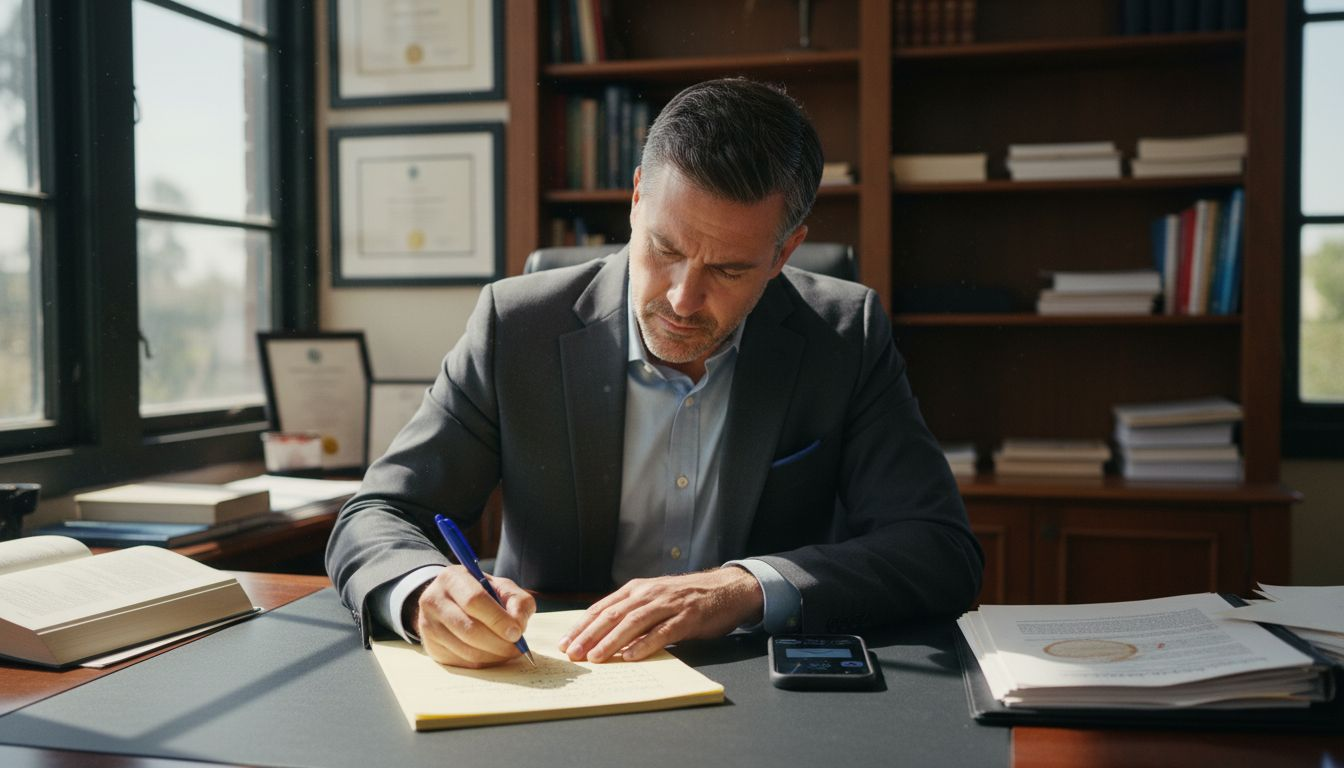 Employment lawyer reviewing casework at office desk