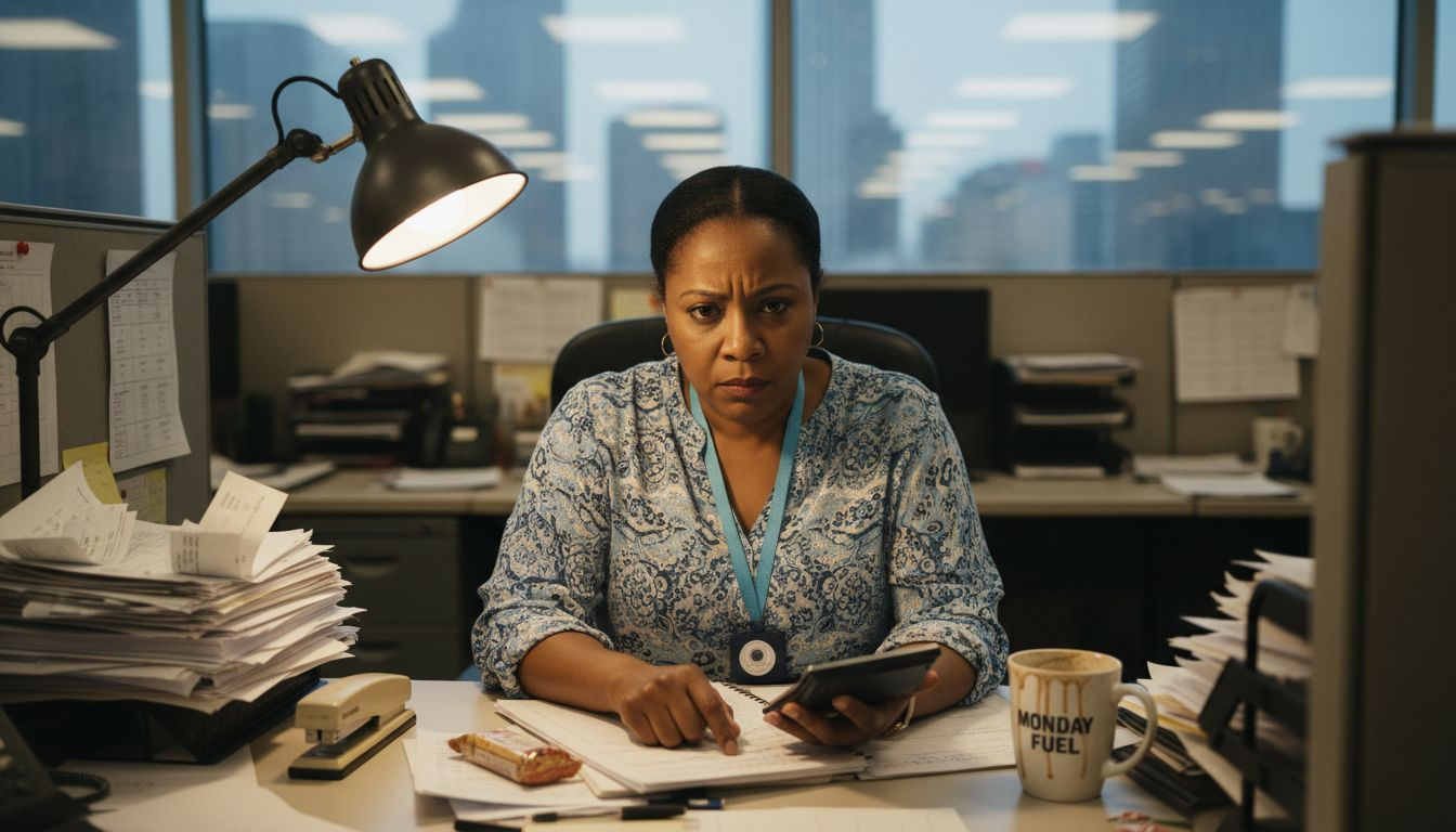 Employee calculating unpaid overtime paperwork