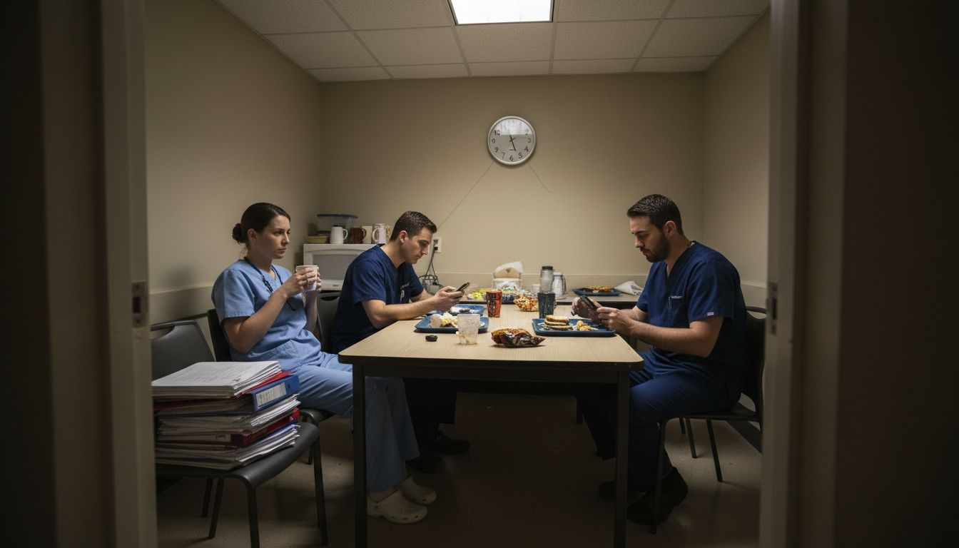 Tense healthcare staff in break room