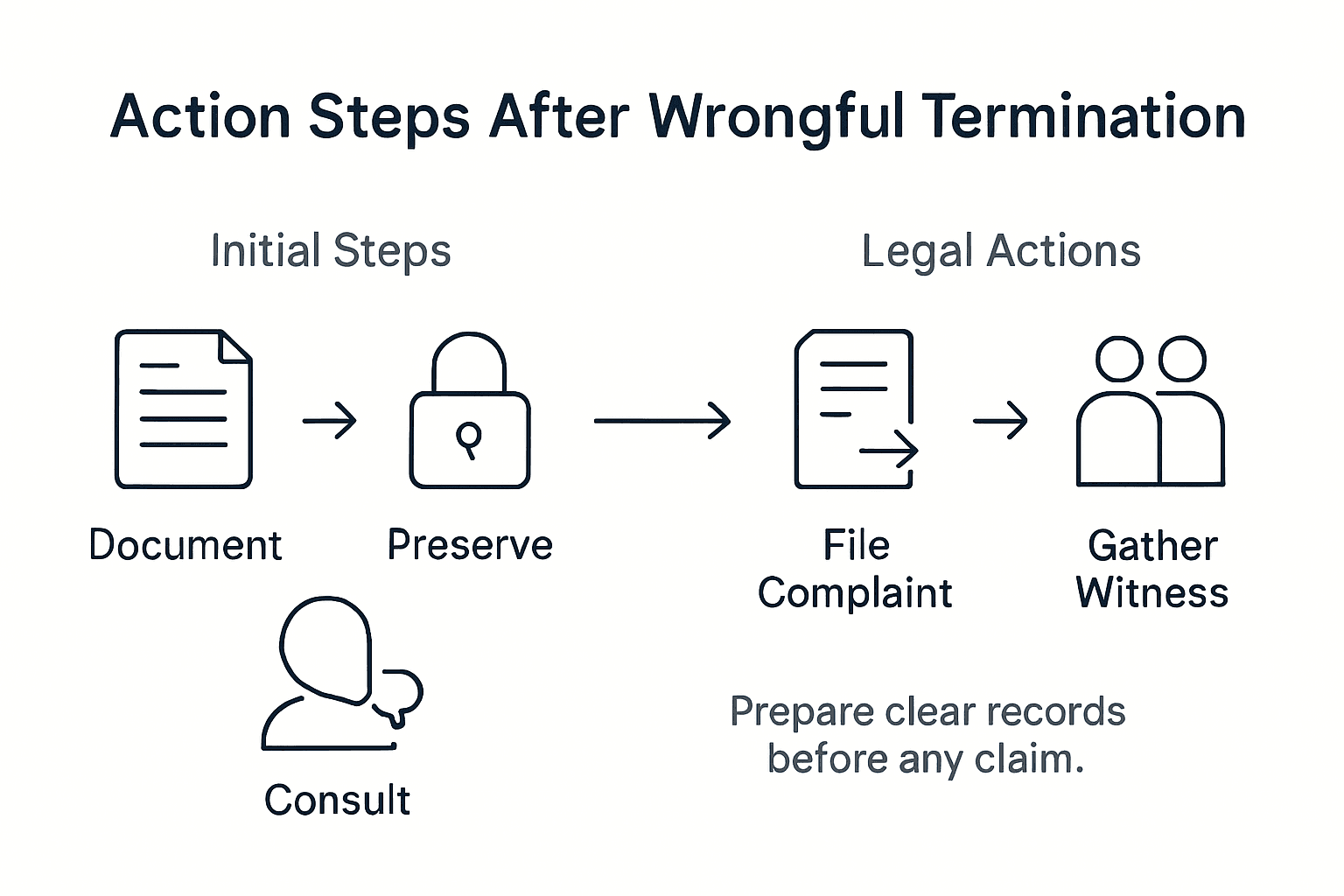 Infographic showing key steps after wrongful termination
