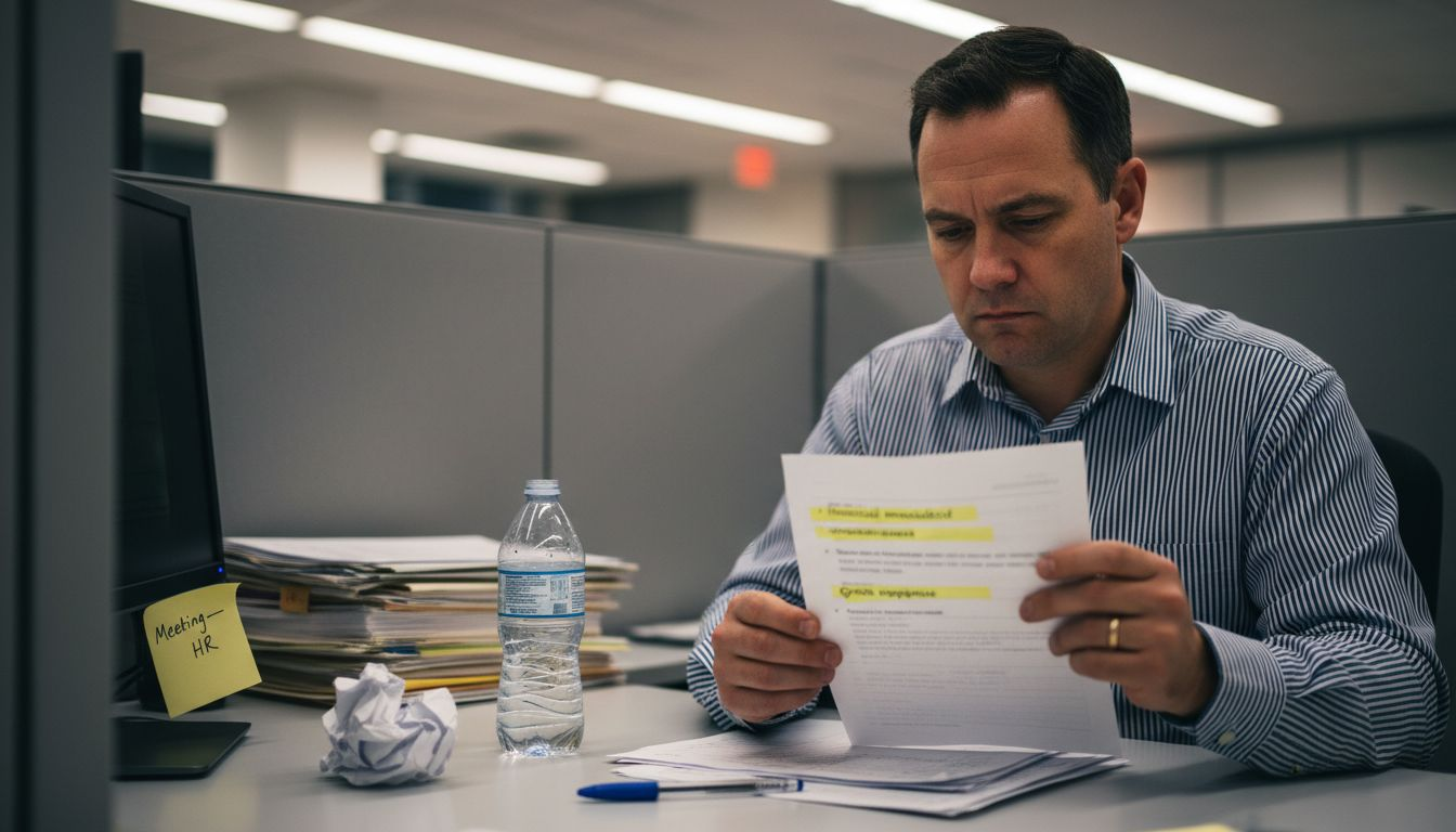 Worker reading libel memo at desk