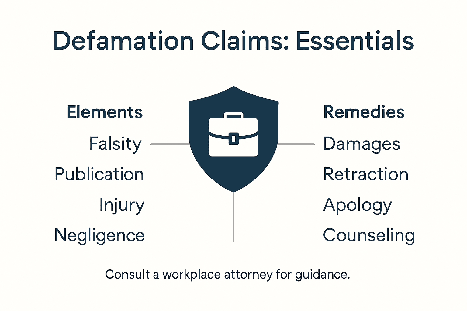 Infographic showing defamation claim elements and remedies