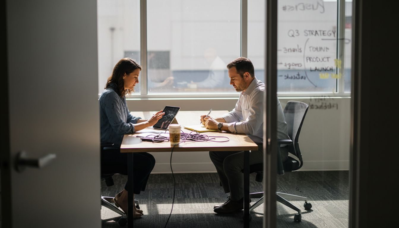 Managers reviewing emails in startup meeting