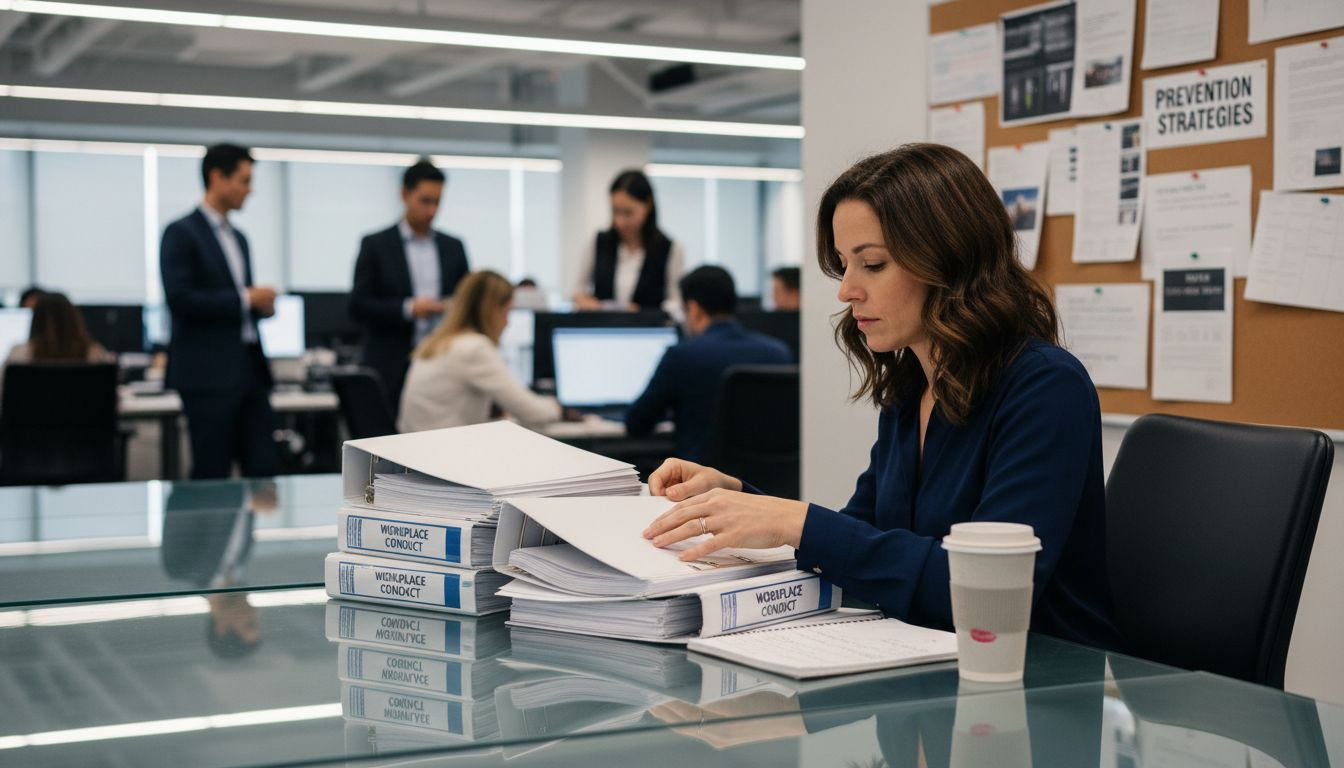 HR manager reviews prevention policy paperwork