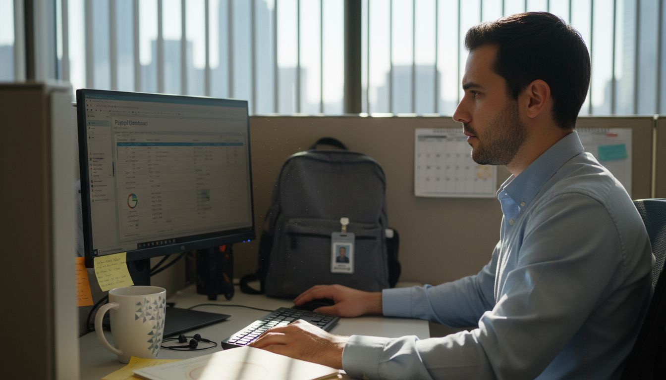 Office worker checking payroll in LA high-rise