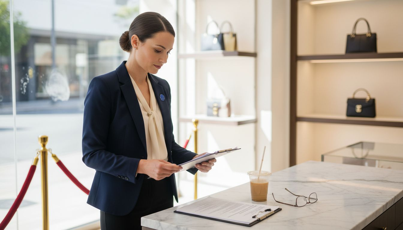 Retail manager reviewing labor compliance forms