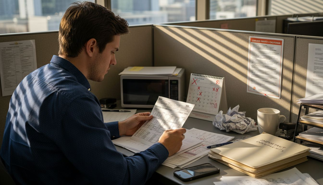 Office worker checking questionable pay stub at desk