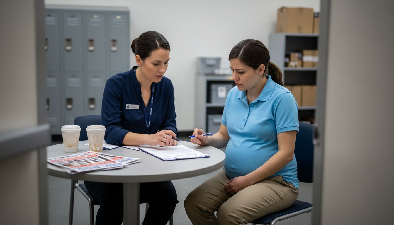 Manager and pregnant employee discuss paperwork