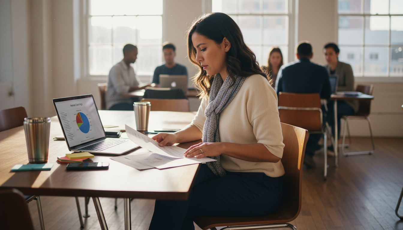 Woman comparing pay stubs in Los Angeles office