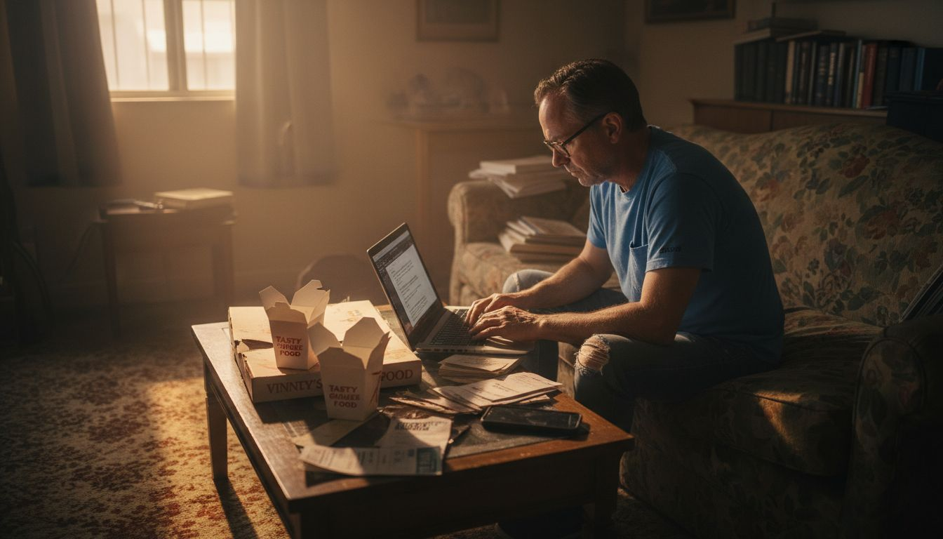 Scriptwriter working amid scattered papers and bills