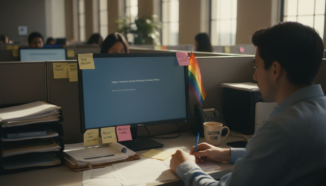 Stressed employee alone in busy office
