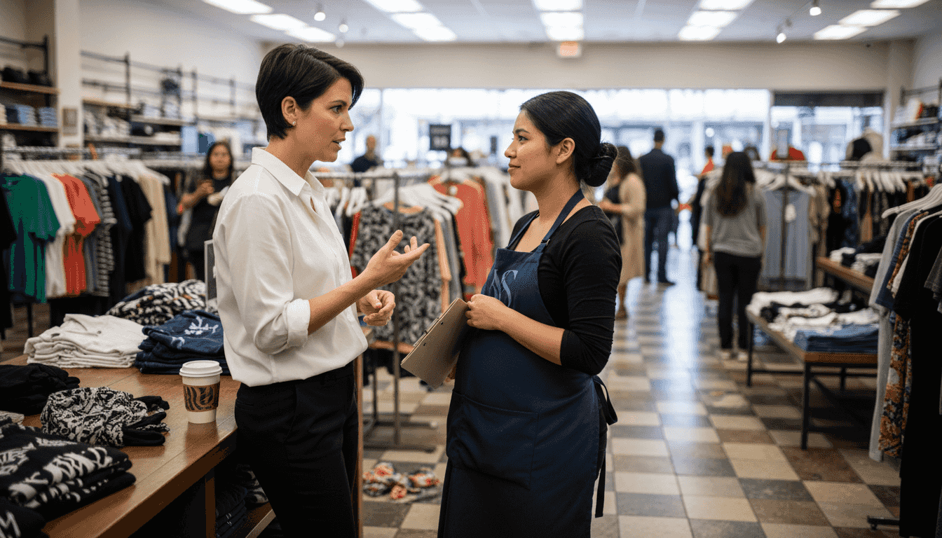Retail manager talking to pregnant worker