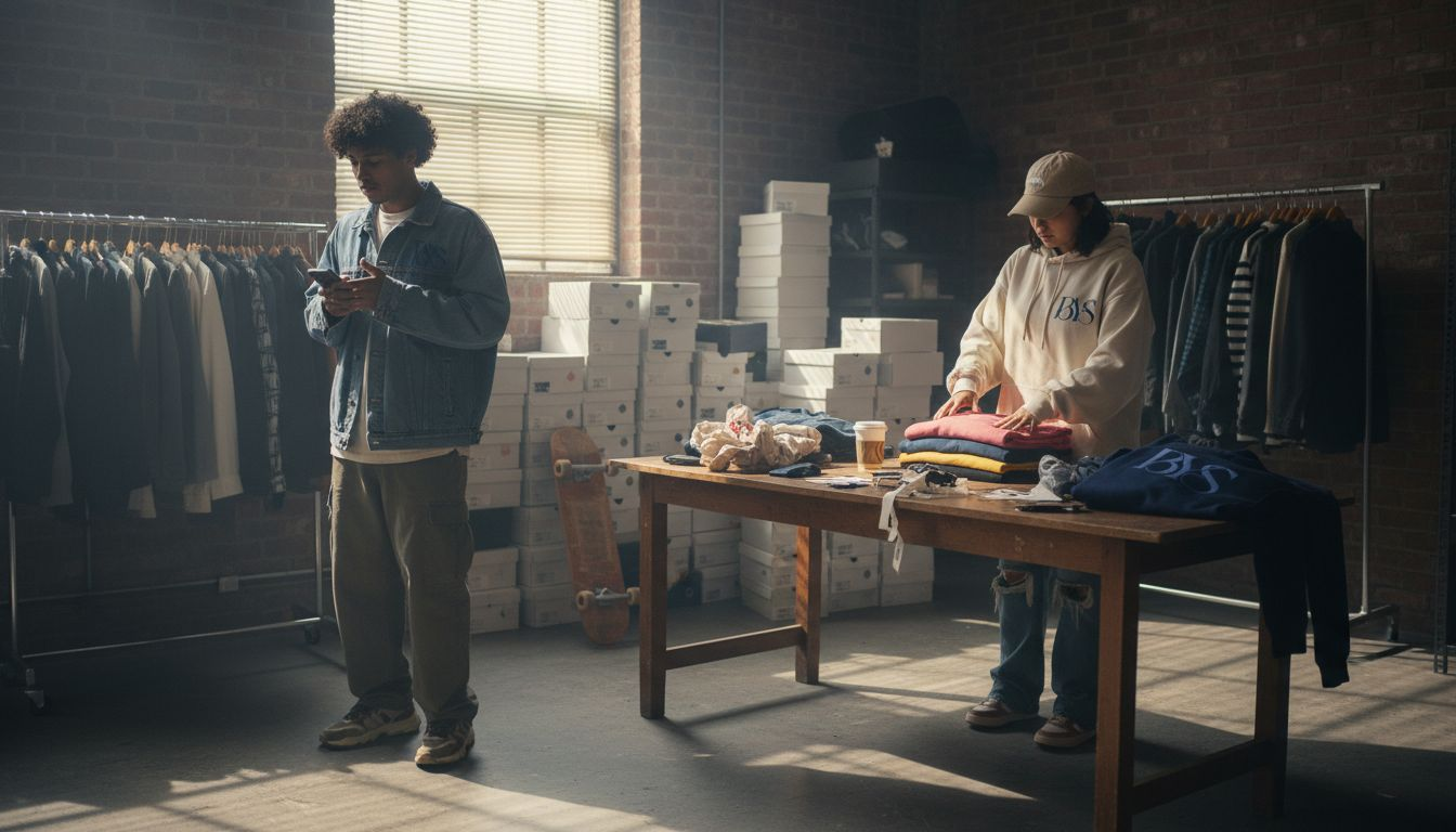 Two streetwear employees in tense break area